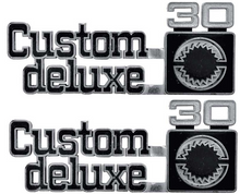 Load image into Gallery viewer, OER Front Fender "Custom Deluxe 30" Emblem Set For 1975-1980 Chevy Pickup Trucks