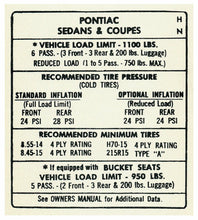 Load image into Gallery viewer, RestoParts Tire Pressure Decal 1968 GTO Lemans Grand Prix Bonneville Catalina