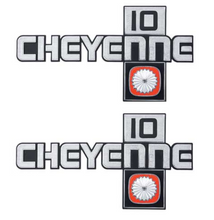 Load image into Gallery viewer, OER Front Fender "Cheyenne 10" Emblem Set 1981-1987 Chevy Pickup Trucks