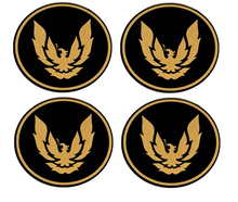 Load image into Gallery viewer, OER Gold and Black GTA Wheel Cap Emblem Set 1982-1992 Pontiac Firebird
