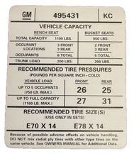 Load image into Gallery viewer, Reproduction Tire Pressure Decal 1974 Pontiac GTO and LeMans Models