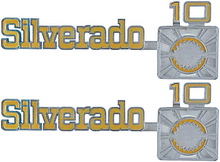 Load image into Gallery viewer, OER Front Fender "Silverado 10" Emblem Set 1975-1980 Chevy Pickup Trucks
