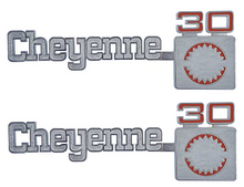 Load image into Gallery viewer, OER Front Fender "Cheyenne 30" Emblem Set 1975-1980 Chevy Pickup Trucks