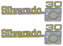 Load image into Gallery viewer, OER Front Fender "Silverado 30" Emblem Set 1975-1980 Chevy Pickup Trucks