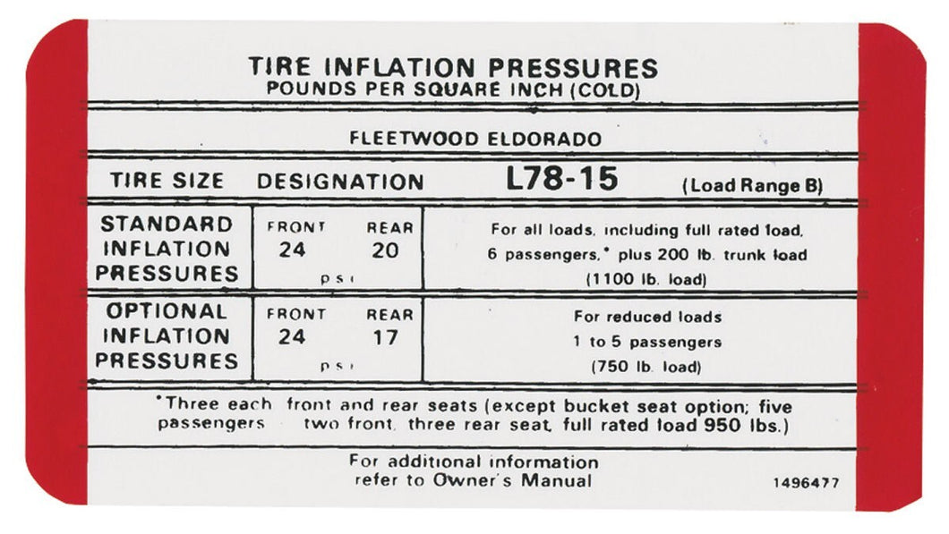 Door Jamb Tire Pressure Decal For 1970 Cadillac Eldorado and Fleetwood