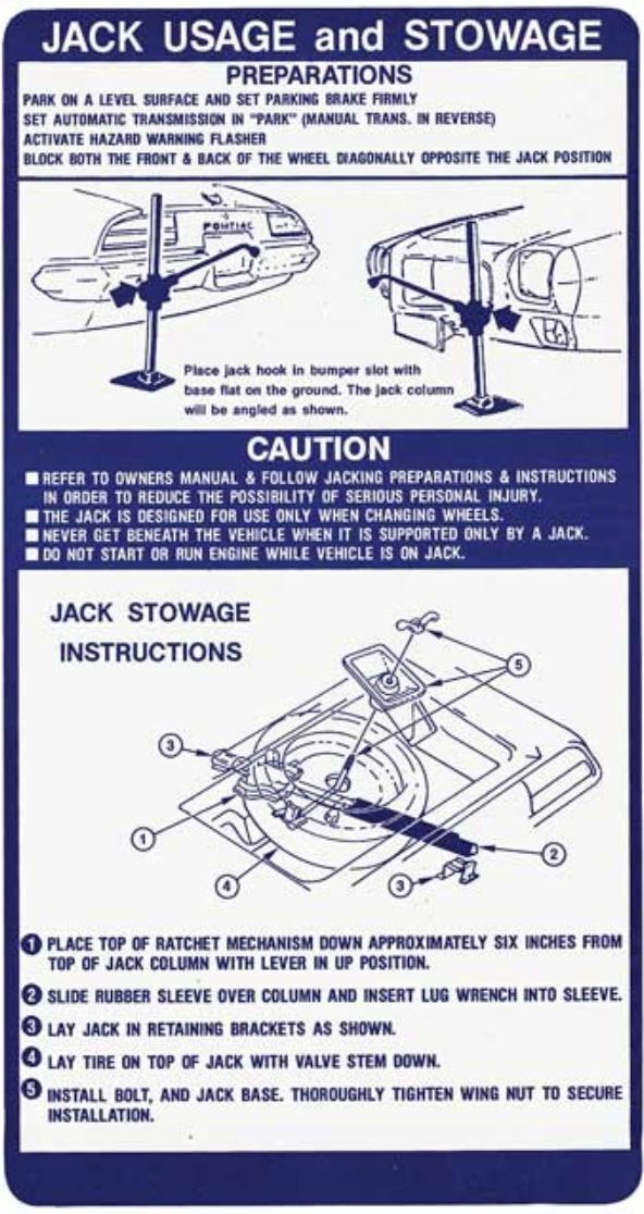 OER Inner Trunk Lid Spare Jacking Instructions Decal 1971-1972 Pontiac Firebird