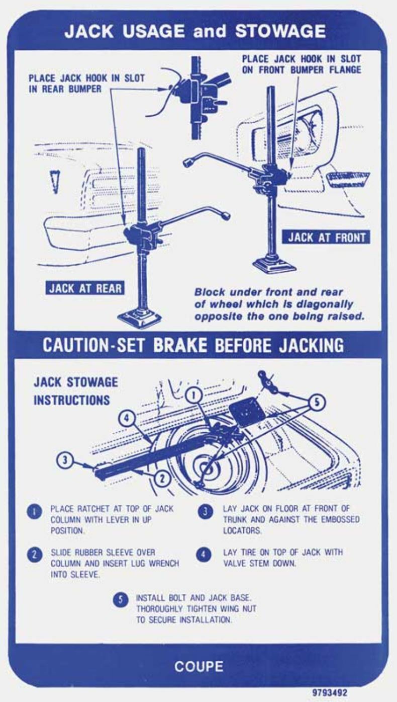 OER Inner Trunk Lid Spare Jacking Instructions Decal 1968 Pontiac Firebird Coupe