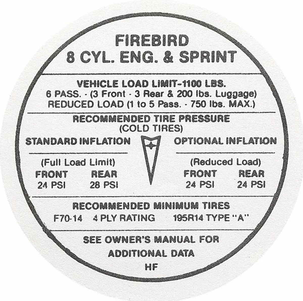 OER Glove Box Tire Pressure Decal Code "HF" 1968 Pontiac Firebird 8 Cy joltparts