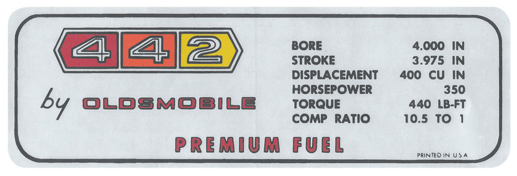 442 Valve Cover Premium Fuel Decal For 1967 Oldsmobile 442 and Cutlass Models
