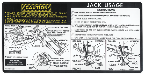 Reproduction Jack Instruction and Caution Decal 1974 Pontiac Ventura Models