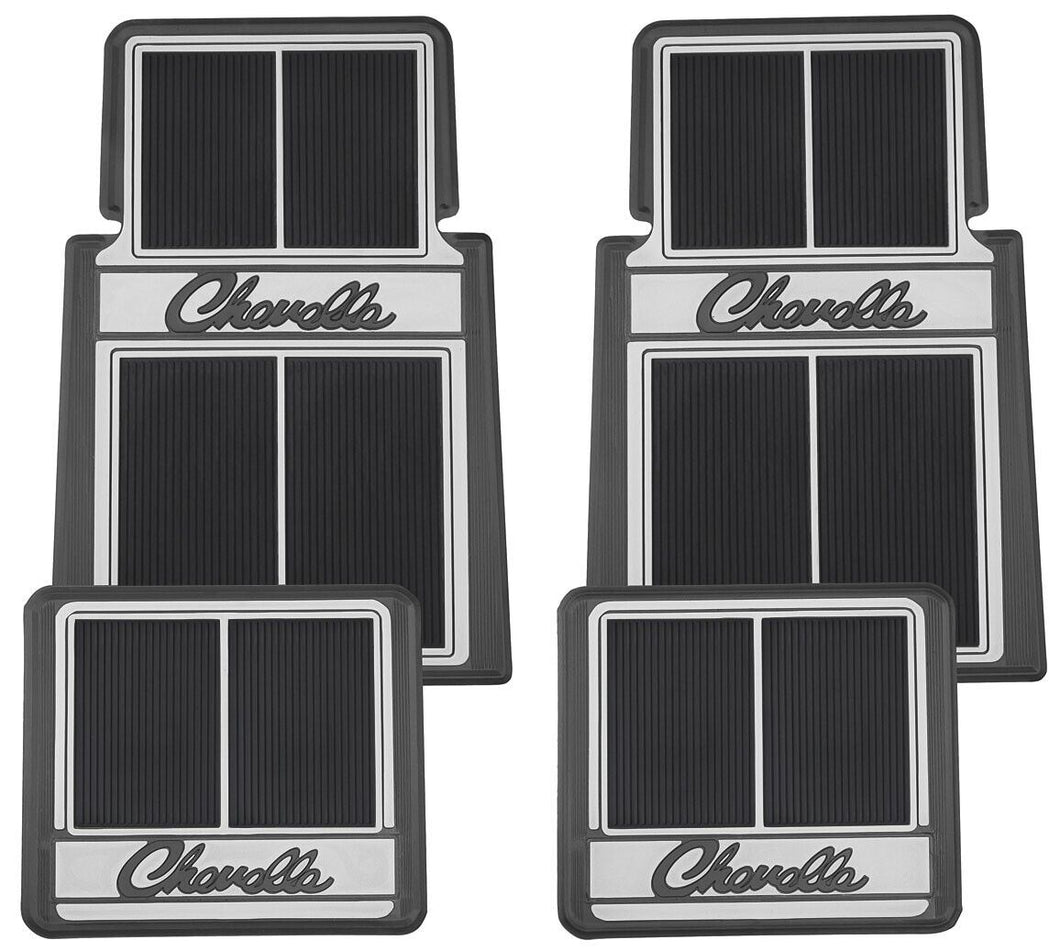 RestoParts Black Rubber Plasticolor Floor Mat Set 1964-73 Chevelle Stamped Logo