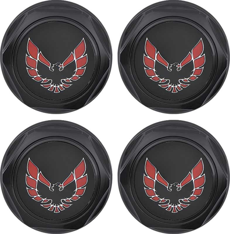 OER Wheel Center Cap Set Flat Black w/ Early Red Bird Logo 1977-1981 Firebird