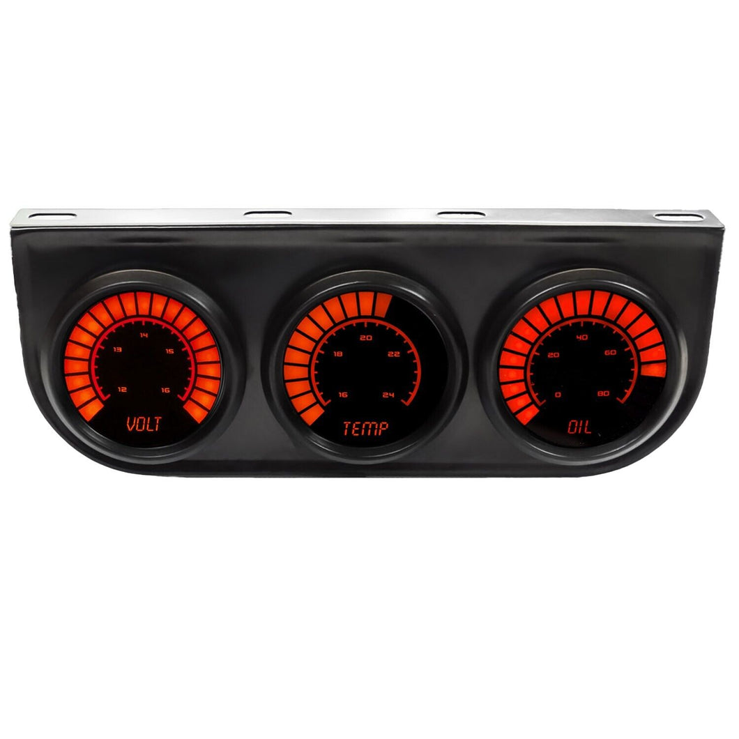 Red LED Digital Volt Temperature and Oil 3 Gauge Set With Panel and Senders
