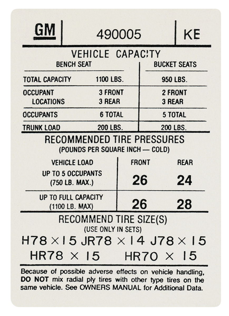 Reproduction Tire Pressure Decal 1974 Pontiac LeMans Models GM# 490005