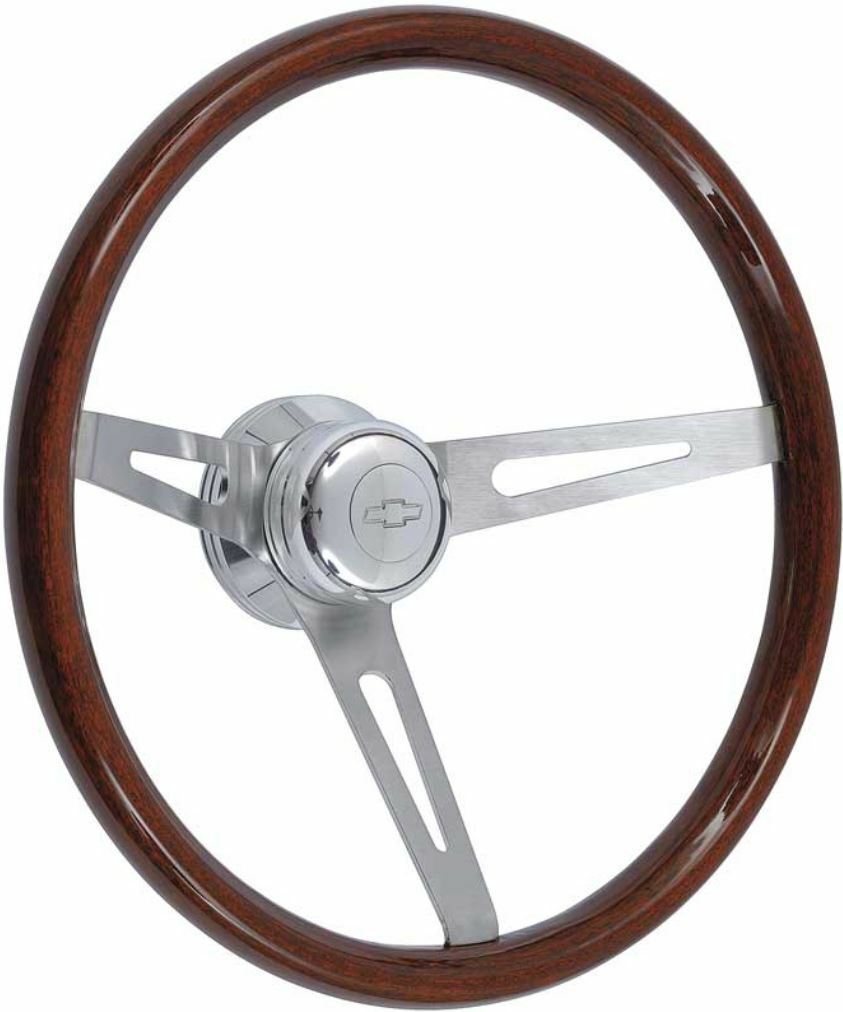 1957-1969 Dark Wood Steering Wheel Kit Polished Hub With Chevrolet Bowtie