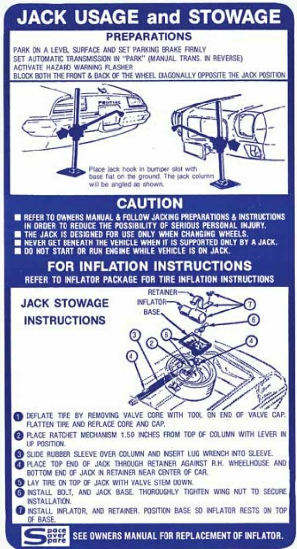 OER Trunk Lid Space Saver Jacking Instructions Decal 1972-1973 Firebird/Trans AM