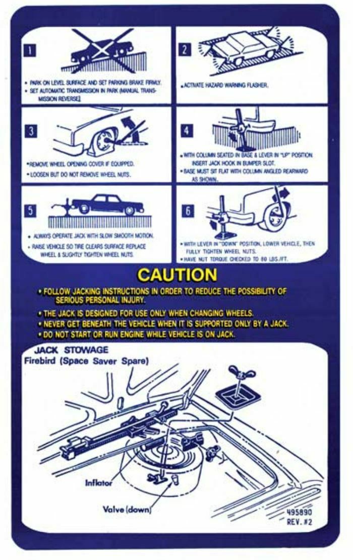 OER Trunk Lid Space Saver Spare Jacking Instructions Decal 1975 Pontiac Firebird