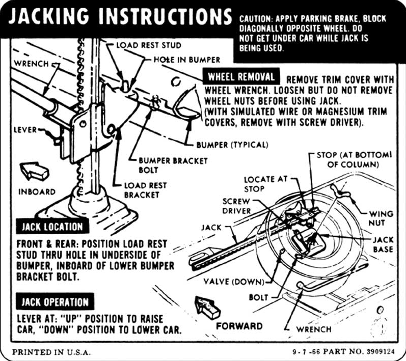 OER Coupe Jacking Instructions Decal 1967 Chevy Camaro Coupe Models