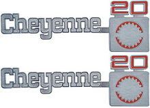 Load image into Gallery viewer, OER Front Fender "Cheyenne 20" Emblem Set 1975-1980 Chevy Pickup Trucks
