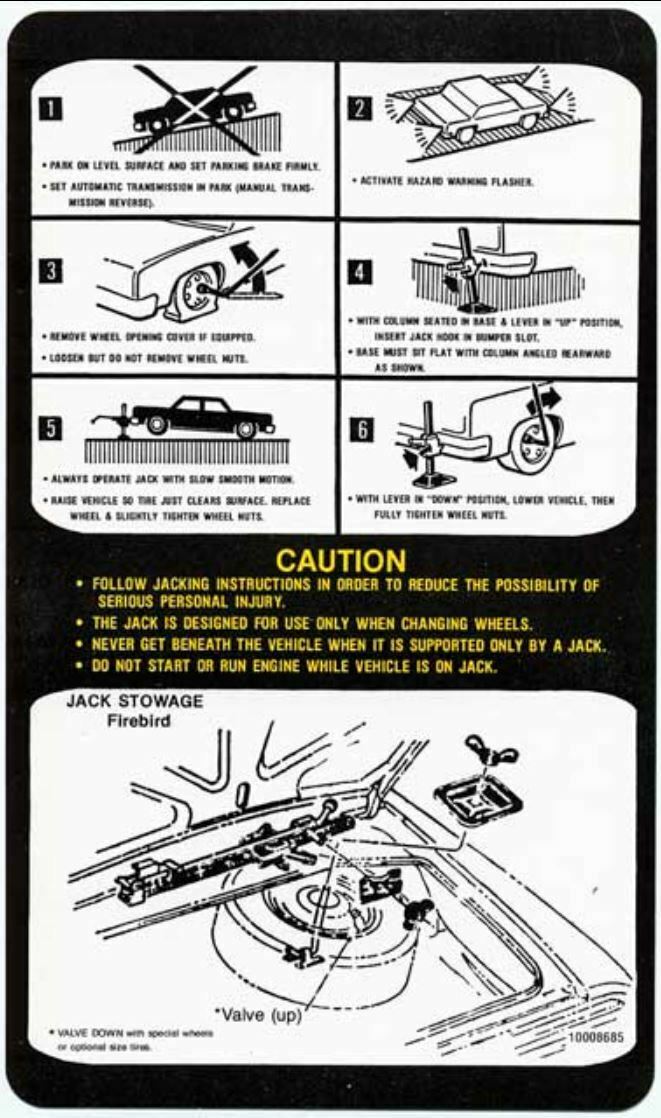 OER Trunk Lid Standard Spare Jacking Instructions Decal 1979-1980 Firebird