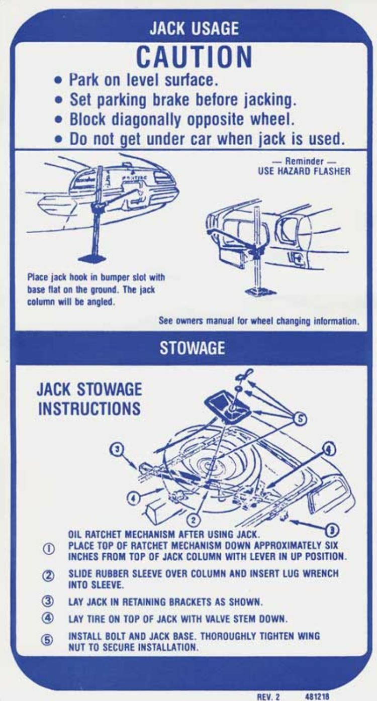 OER Inner Trunk Lid Spare Jacking Instructions Decal 1970 Pontiac Firebird