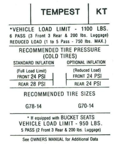 Door Jamb Tire Pressure Decal 1970 Pontiac GTO LeMans and Tempest Mode ...