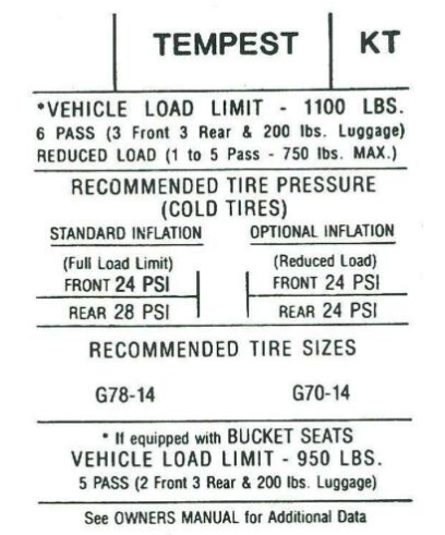 Door Jamb Tire Pressure Decal 1970 Pontiac GTO LeMans and Tempest Models