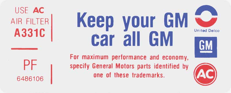 Keep Your GM Car All GM Decal For 1973 Pontiac Firebird 350-4V Code PF Code