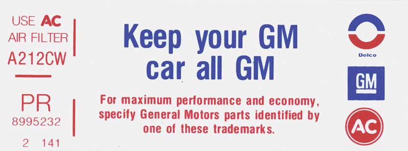 Keep Your GM Car All GM Decal For 1976 Pontiac Firebird 4 BBL PR Code