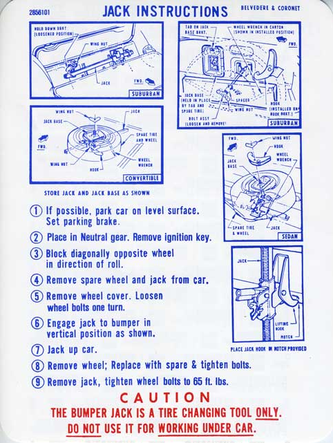 Jacking Instructions Decal Sticker For 1969 Dodge Coronet and Plymouth Belvedere