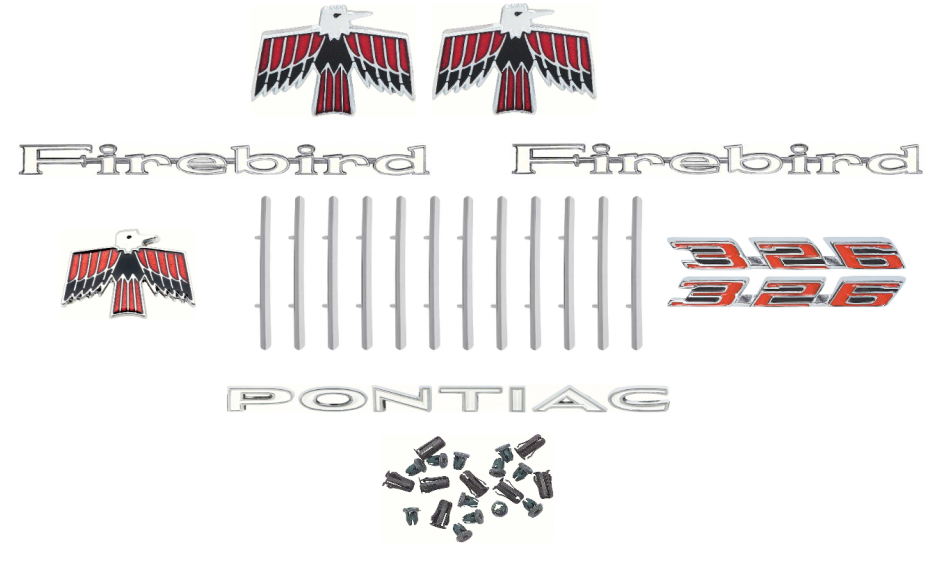 OER Fender, Louver, Hood, Fuel Door and Rear Emblem Set 1967 Firebird 326 Models