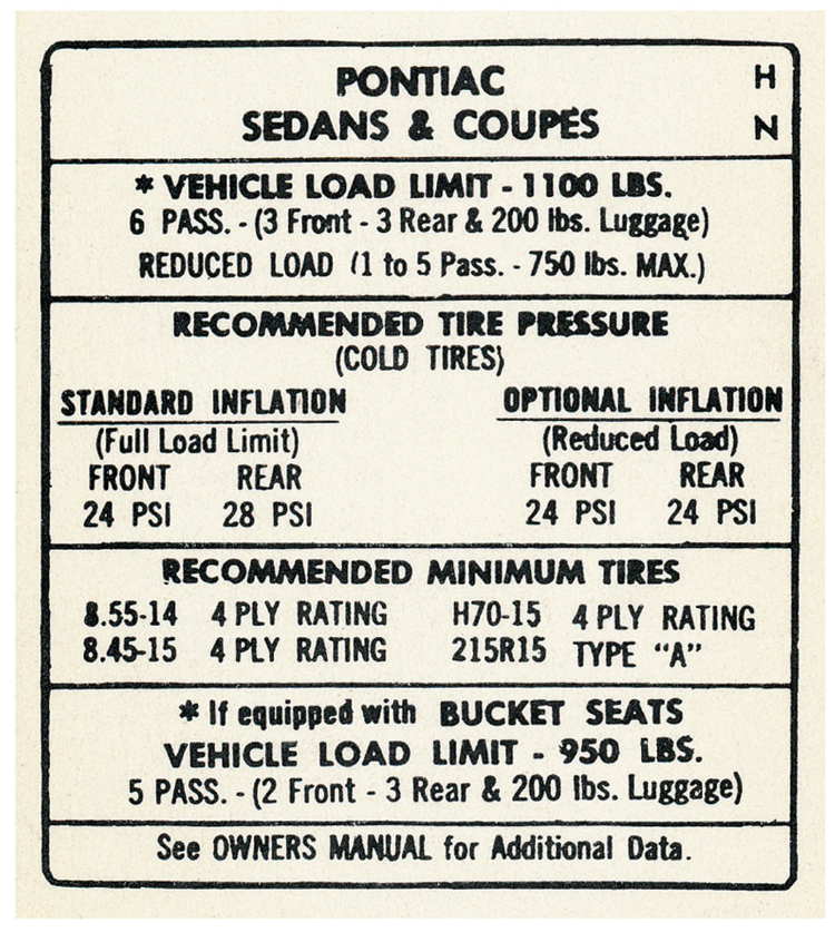 Tire Pressure Decal 1968 GTO Lemans Grand Prix Bonneville Catalina Tempest