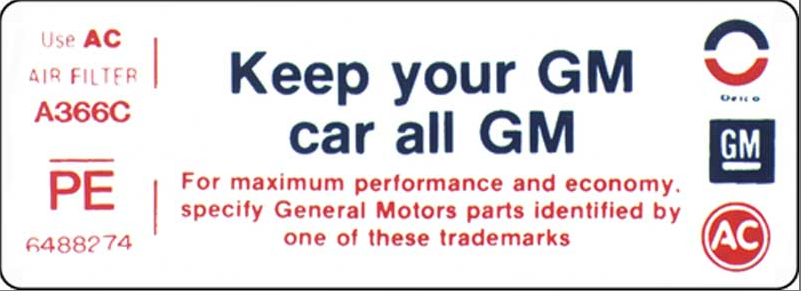Keep Your GM Car All GM Decal For 1973 Pontiac Firebird Code RA Code
