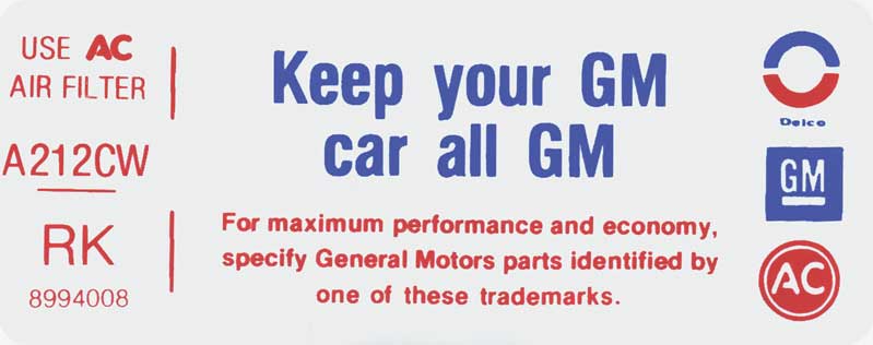 Keep Your GM Car All GM Decal For 1975 Pontiac Firebird 455-4V RK Code