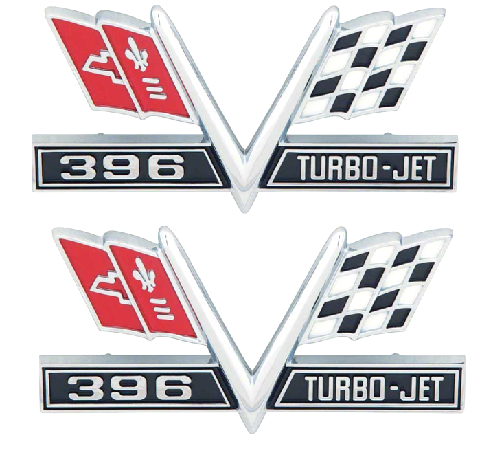 OER 396 Turbo Jet V Flag Front Fender Emblem Set 1965-67 Impala Bel Air Biscayne