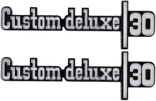 Load image into Gallery viewer, OER Front Fender "CUSTOM DELUXE" Emblem Set 1973-1974 Chevy Pickup Trucks
