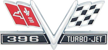 Load image into Gallery viewer, OER 396 Turbo Jet V Flag Front Fender Emblem Set 1965-67 Impala Bel Air Biscayne
