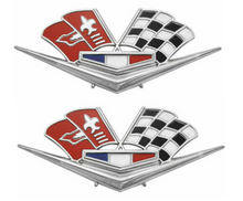 Load image into Gallery viewer, Trim Parts Front Fender 327/409 X-Flag Emblem Set 1962-1963 Impala and Bel Air
